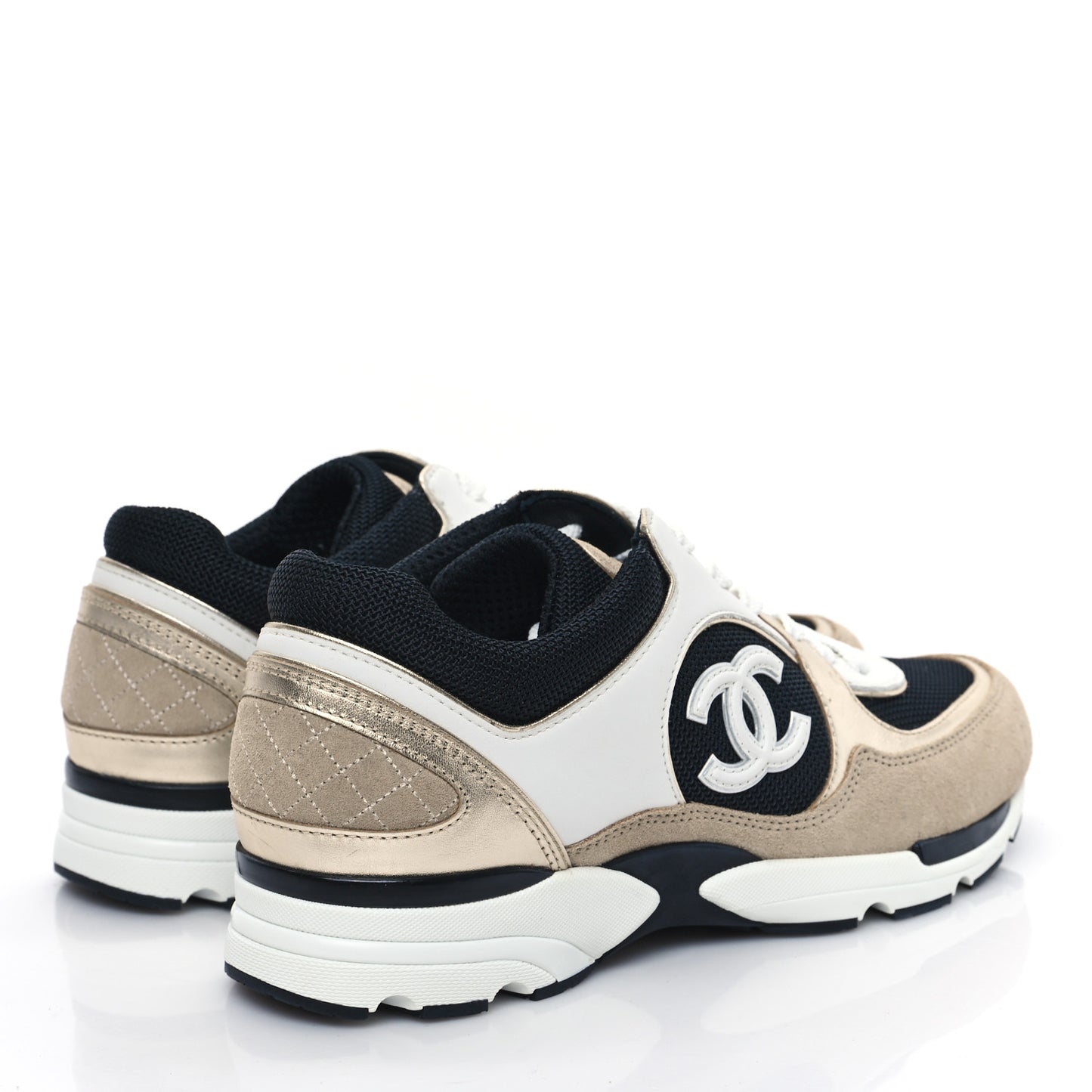 Mesh Suede Calfskin Womens CC Sneakers 39 White Black Beige Gold