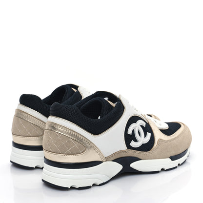Chanel Mesh Suede Calfskin Womens CC Sneakers 39 White Black Beige Gold 4 of 10