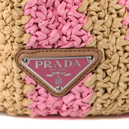 Prada Yarn Raffia Effect Crochet Striped Large Logo Tote Naturale Petalo 10 of 11