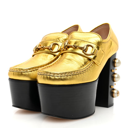 Gucci Malaga Kid Pearl Studded Vegas Platform Loafers 35 Black Gold 2 of 7