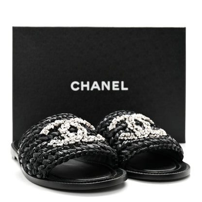 Chanel Raffia Crystal CC Mules Sandals 39 Black 11 of 11