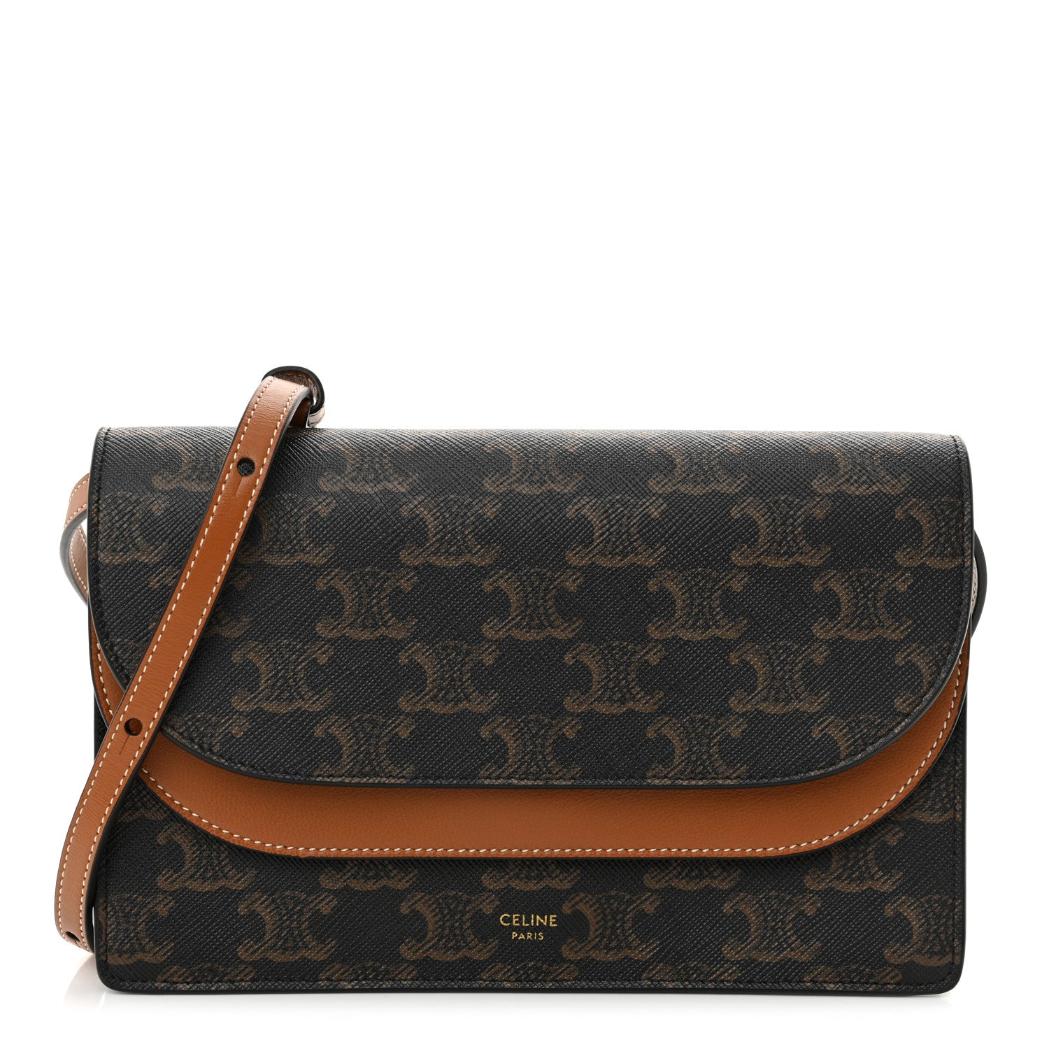 Celine Triomphe Canvas Lambskin Wallet On Strap Tan 1 of 11