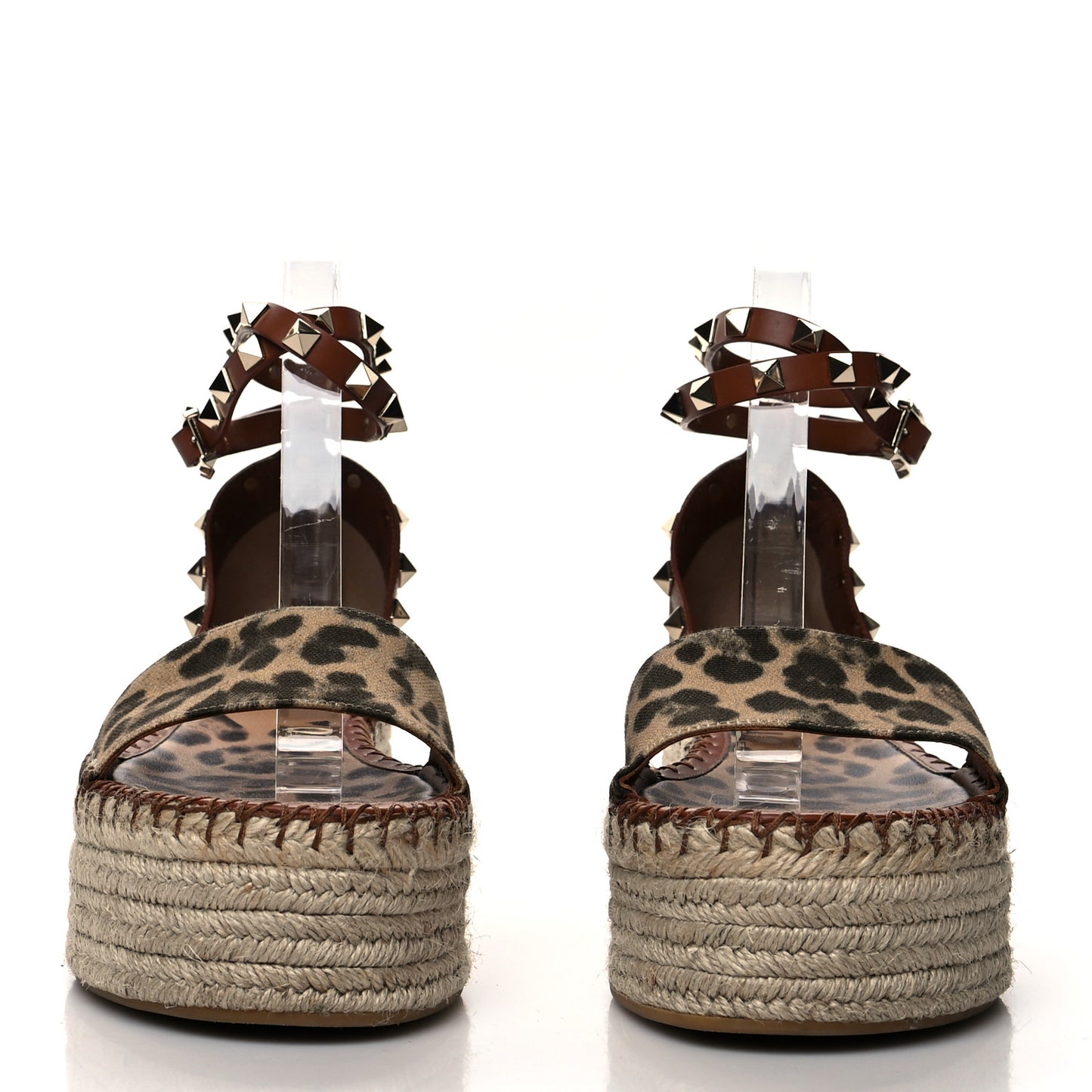 Canvas Leopard Print Rockstud Ankle Wrap Espadrille Flatform Sandals 38 Brown
