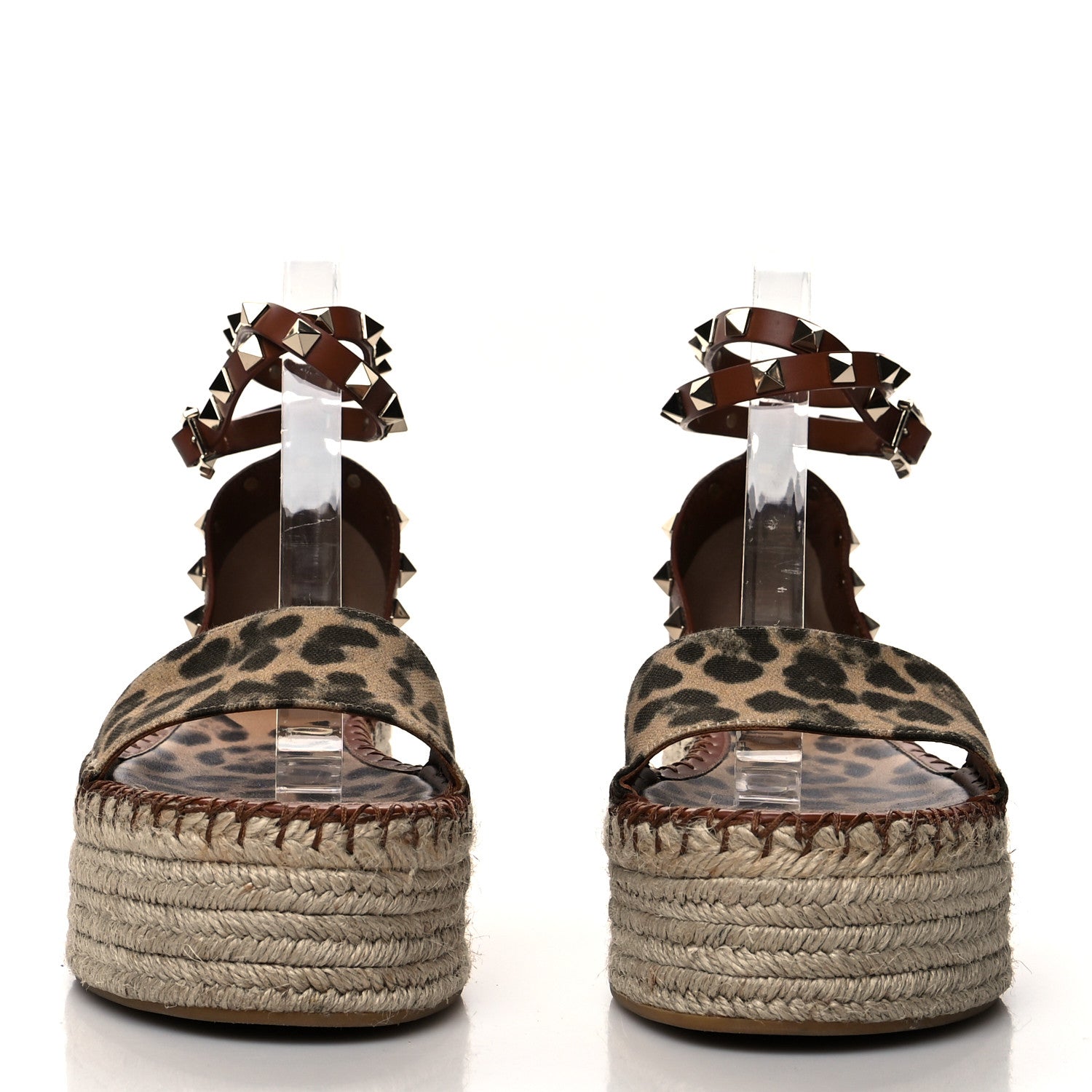Valentino Garavani Canvas Leopard Print Rockstud Ankle Wrap Espadrille Flatform Sandals 38 Brown 2 of 9
