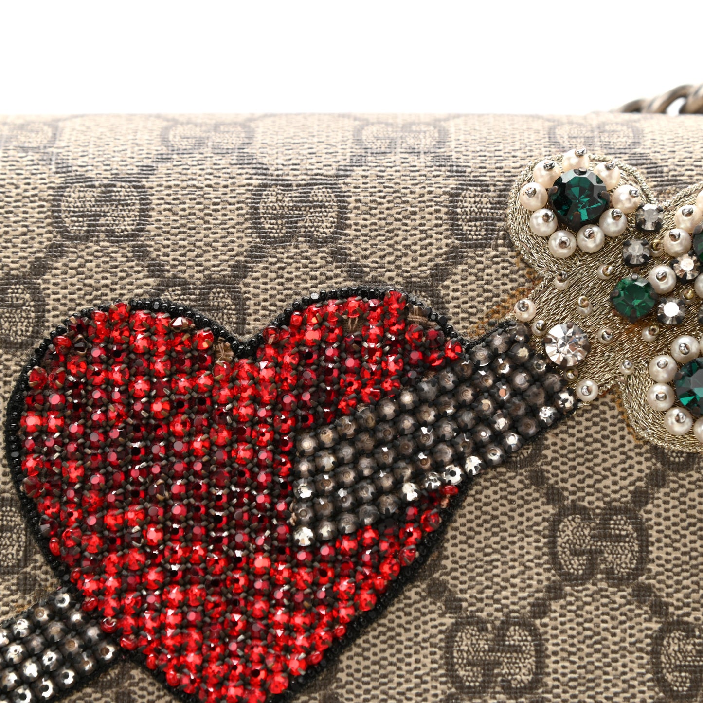GG Supreme Monogram Suede Pierced Heart Embroidered Medium Dionysus Shoulder Bag Beige Ebony Pink Tropical Flower