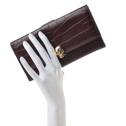 Alexander McQueen Silky Calfskin Crocodile Embossed Skull Continental Wallet Bordeaux 2 of 10