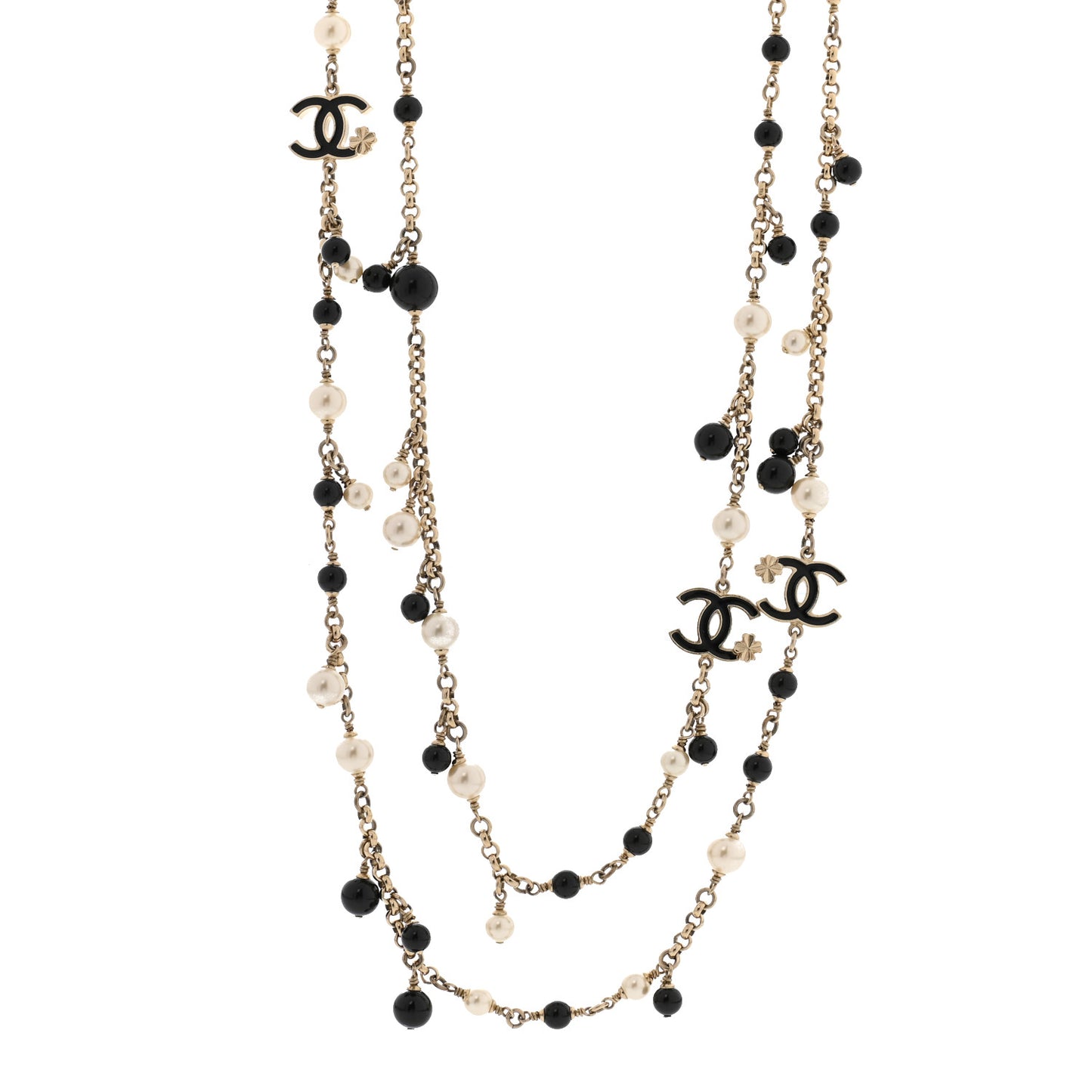 Pearl CC Long Necklace Gold White Black