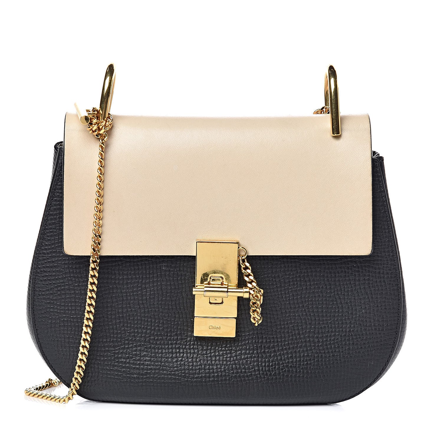 Grained Calfskin Lambskin Bi-Color Drew Shoulder Bag Black Powder Beige