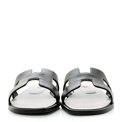 Hermes Box Calfskin Oran Sandals 37.5 Black 2 of 9