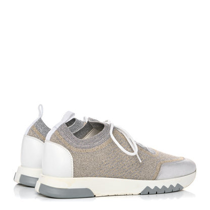 Hermes Metallic Knit Calfskin Suede Goatskin Bi-Color Womens Addict Sneakers 38 Multicolor Gris Argent 4 of 16