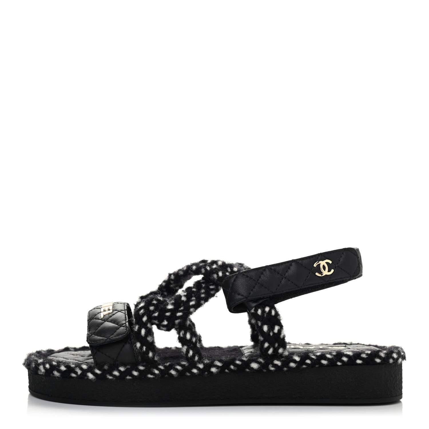 Chanel Cord Lambskin Quilted Logo Sandals 39 Black White 1 of 4