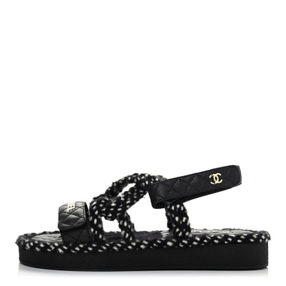 Chanel Cord Lambskin Quilted Logo Sandals 39 Black White 1 of 4