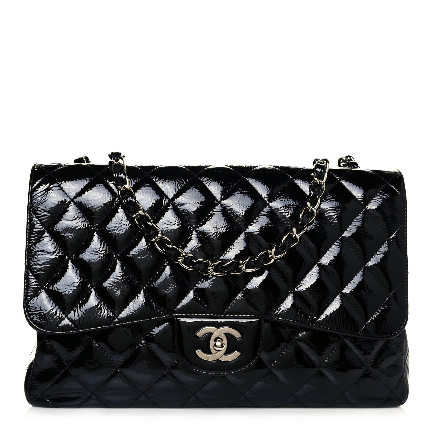 Distressed Patent Quilted Jumbo Single Flap Black