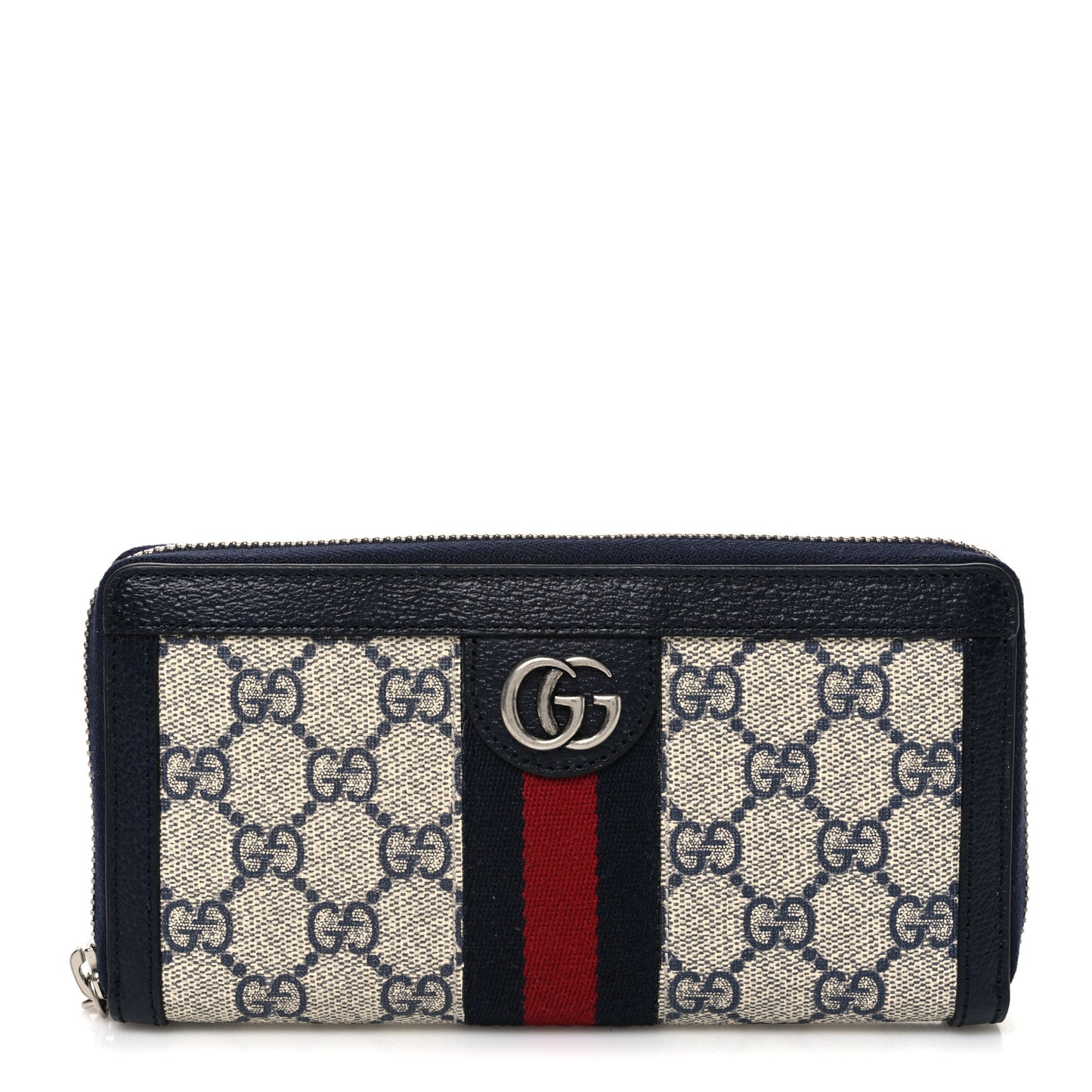 GG Supreme Monogram Textured Dollar Calfskin Web Ophidia Zip Around Wallet Beige Blue