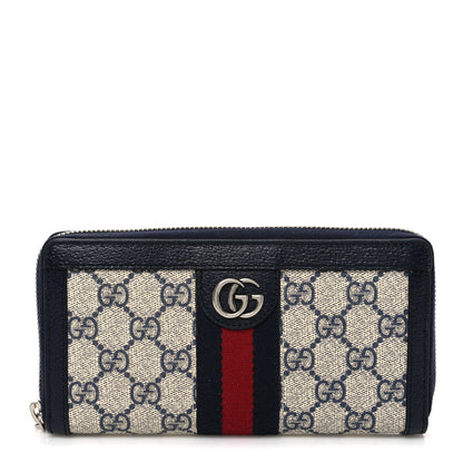 Gucci GG Supreme Monogram Textured Dollar Calfskin Web Ophidia Zip Around Wallet Beige Blue 1 of 7