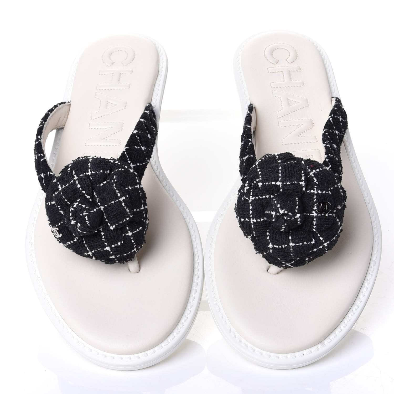 Chanel Tweed Quilted Camellia Thong Sandals 39 Black White 5 of 11