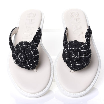 Chanel Tweed Quilted Camellia Thong Sandals 39 Black White 5 of 11
