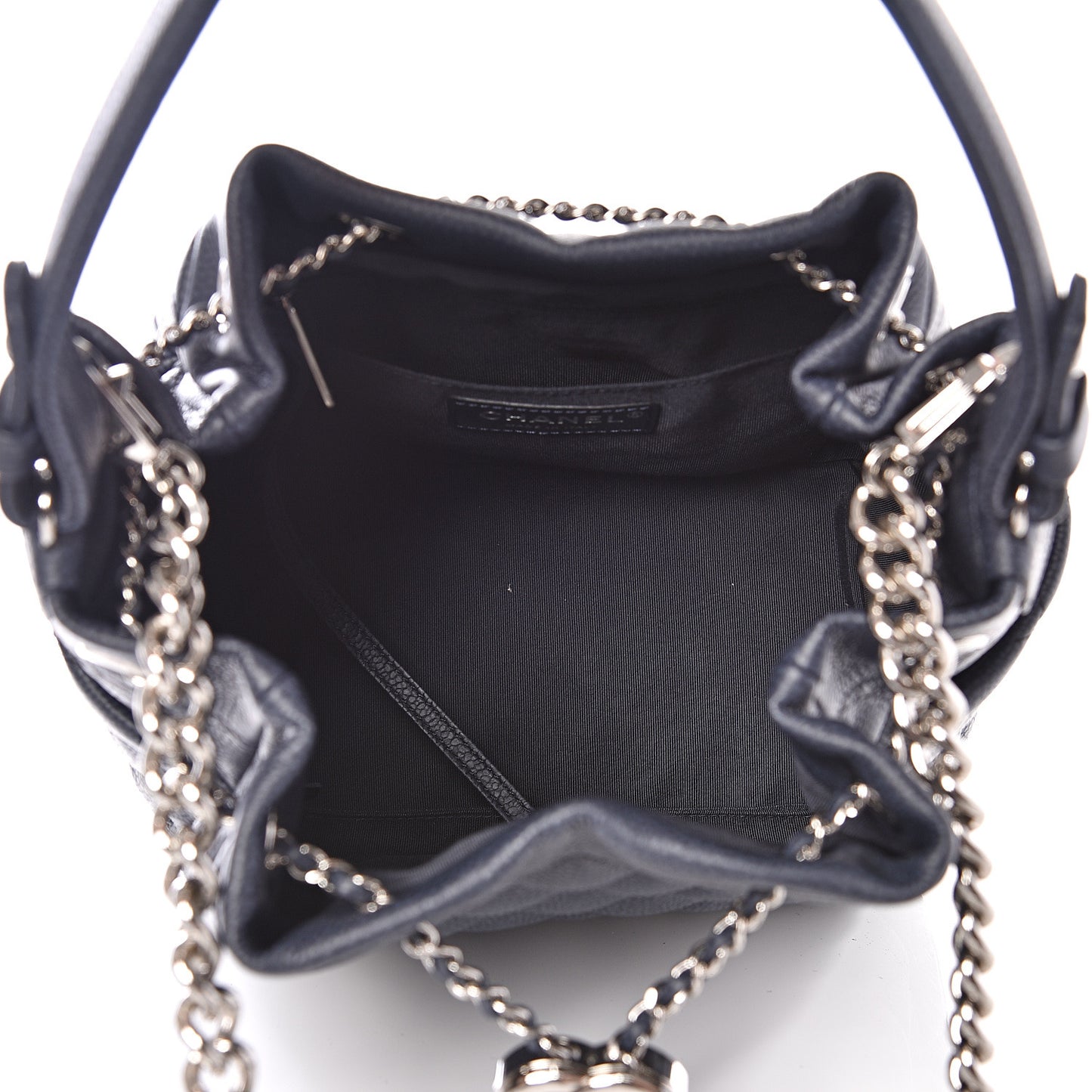 Grained Calfskin Quilted Medium CC Chain Bucket Drawstring Bag Blue