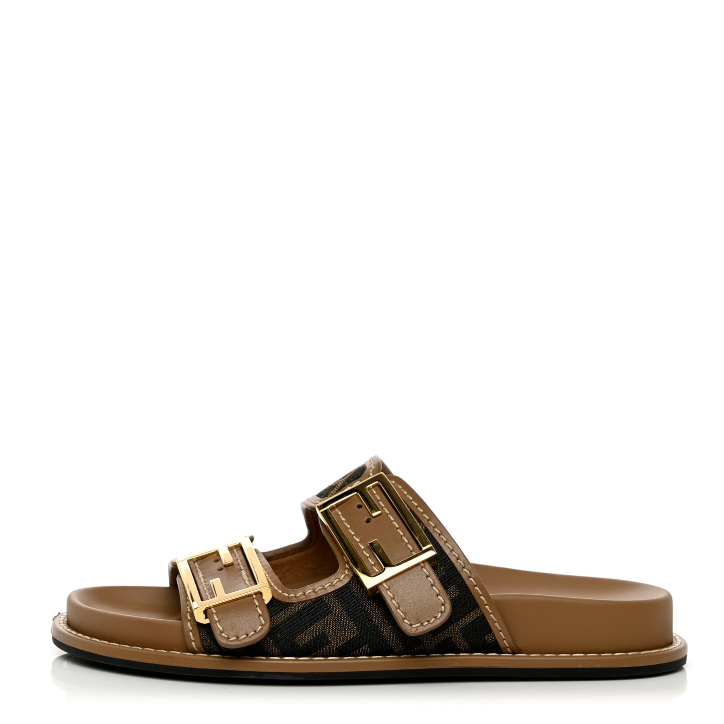 Fabric Jacquard Nappa FF Womens Fendi Feel Buckled Slide Sandals 35.5 Tobacco Black Miele Scuro