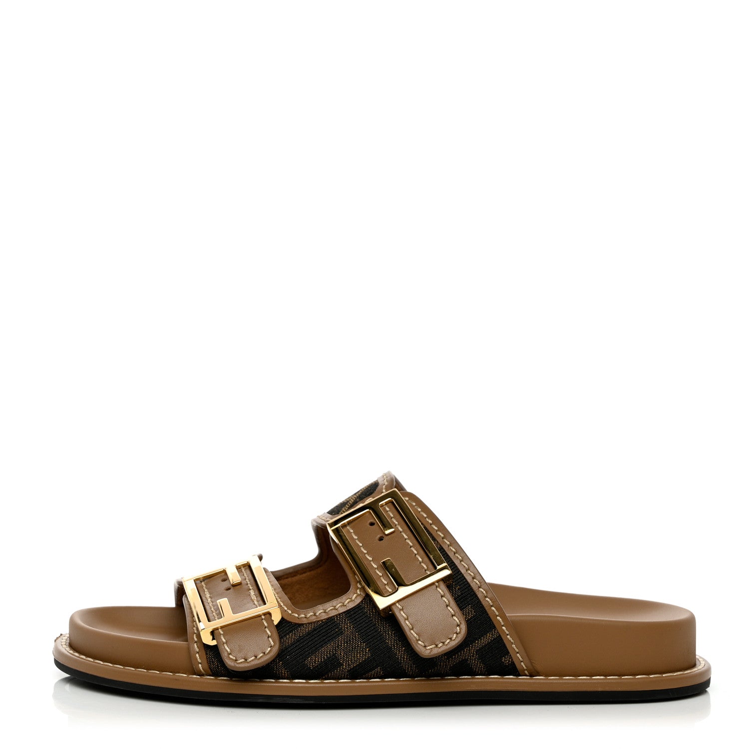 Fendi Fabric Jacquard Nappa FF Womens Fendi Feel Buckled Slide Sandals 35.5 Tobacco Black Miele Scuro 1 of 10