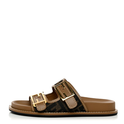 Fendi Fabric Jacquard Nappa FF Womens Fendi Feel Buckled Slide Sandals 35.5 Tobacco Black Miele Scuro 1 of 10