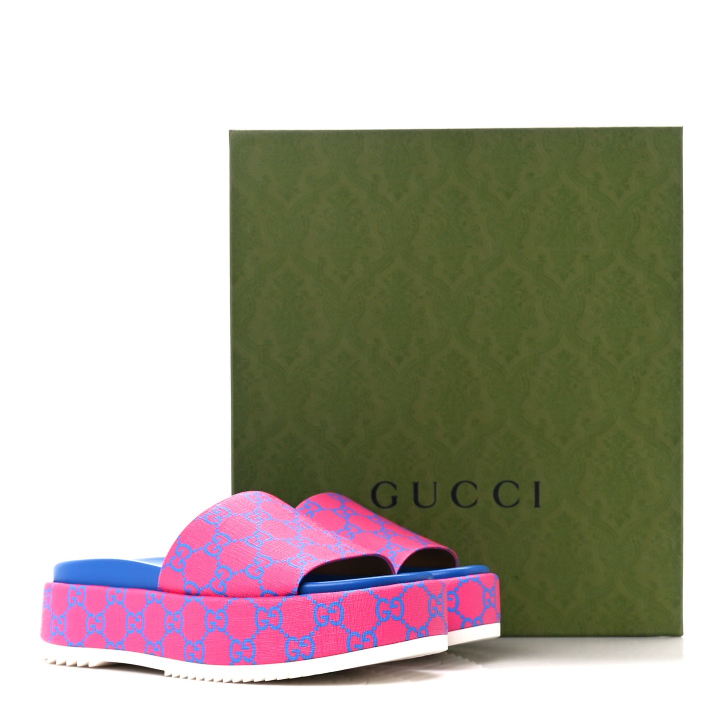GG Supreme Joy Monogram Angelina Platform Slide Sandals 37.5 Fuxia Blue