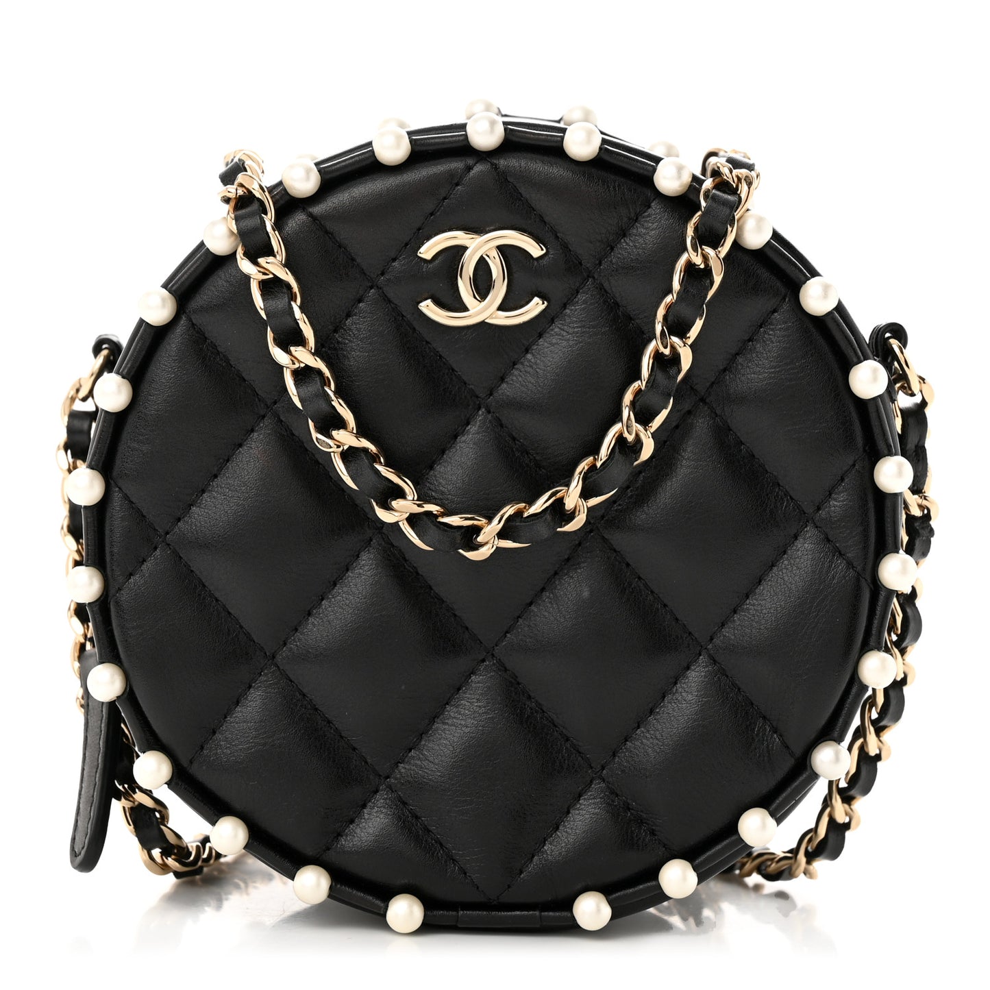 Calfskin Quilted Pearl Round Clutch With Chain Black