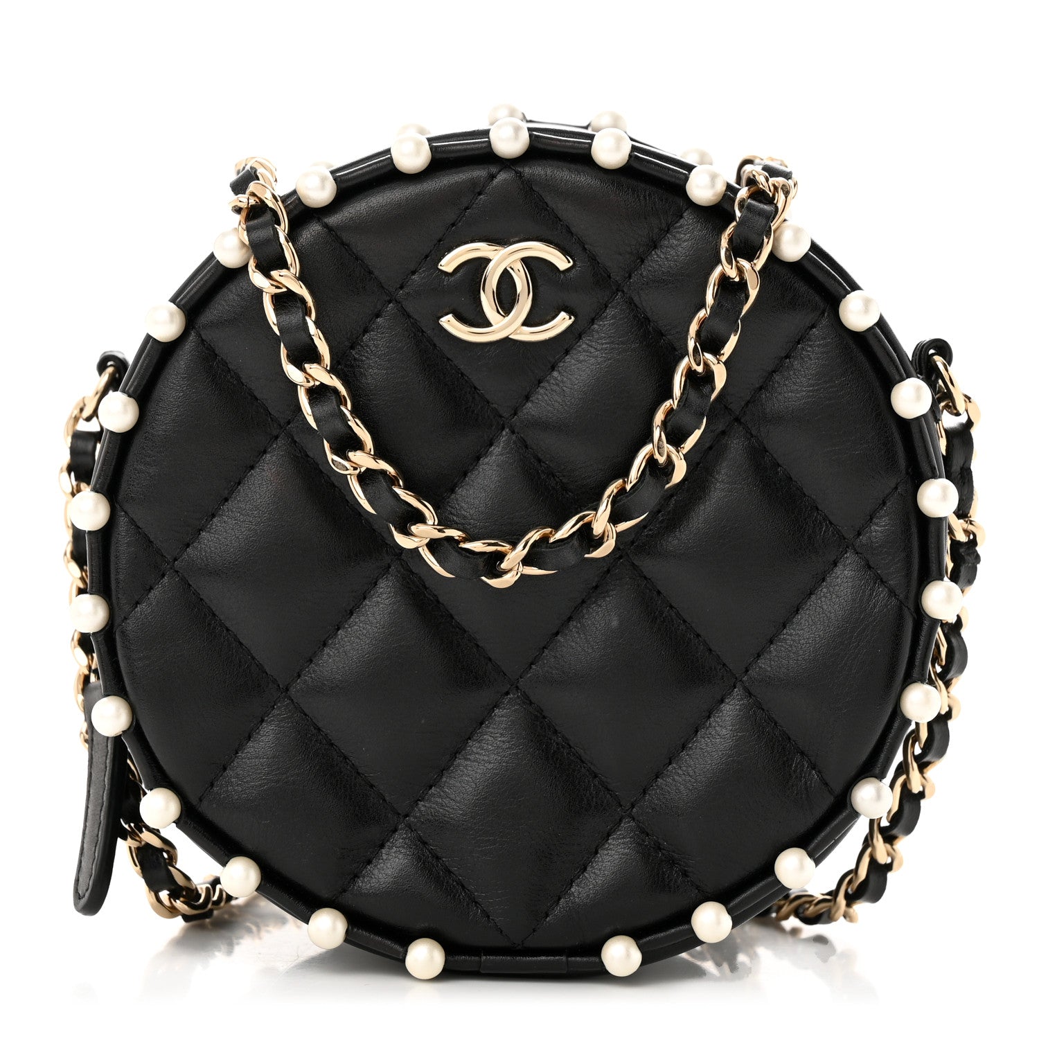 Chanel Calfskin Quilted Pearl Round Clutch With Chain Black 1 of 10