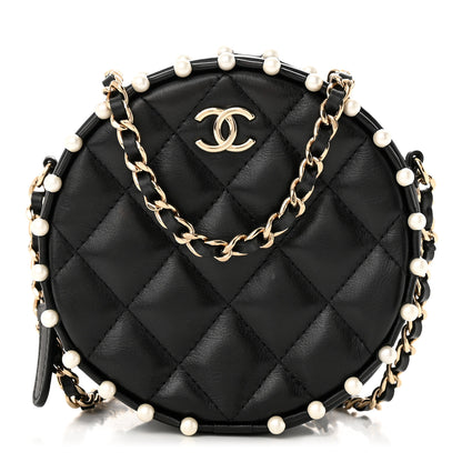 Chanel Calfskin Quilted Pearl Round Clutch With Chain Black 1 of 10