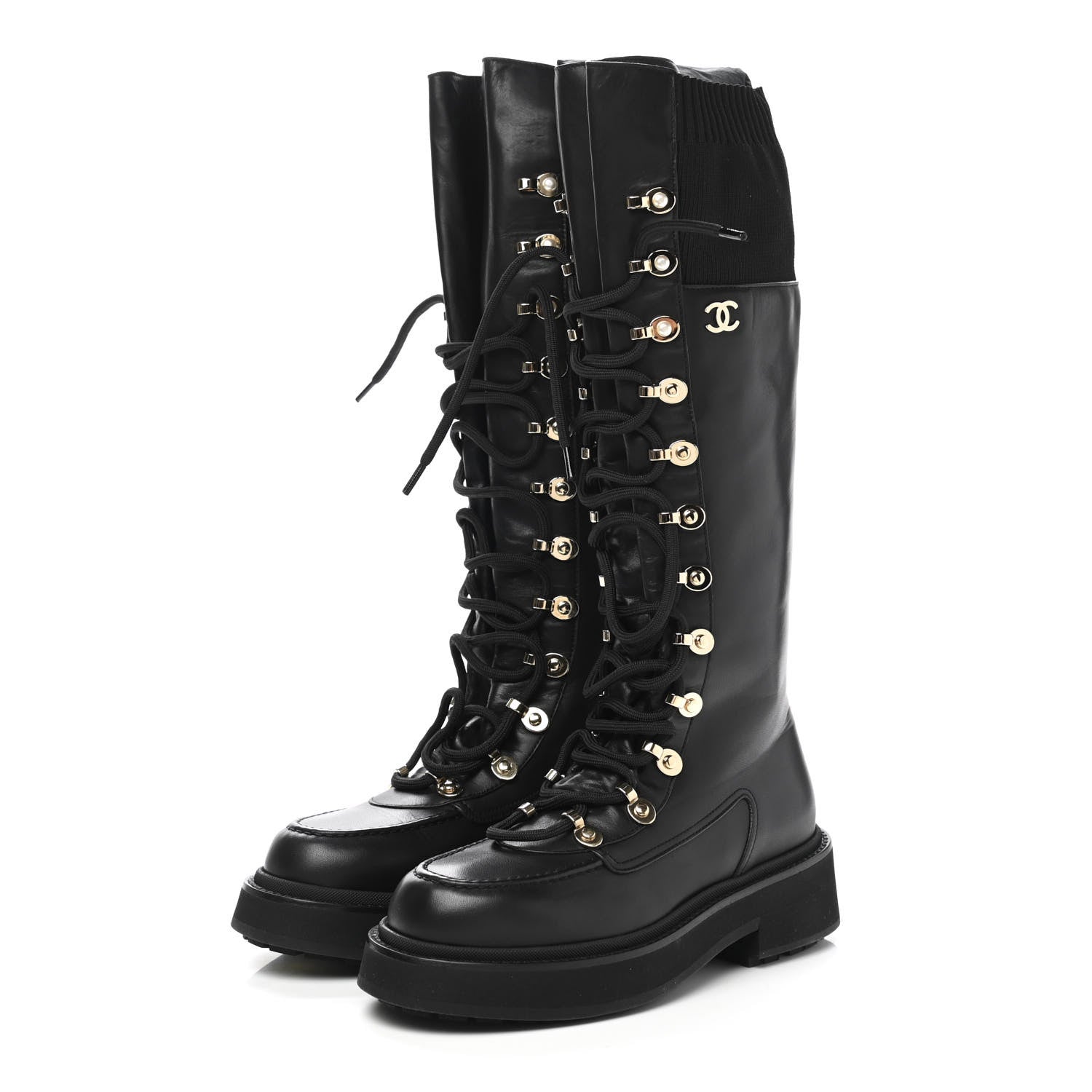 Chanel Calfskin Knit Lace Up Combat Boots 36 Black 3 of 7