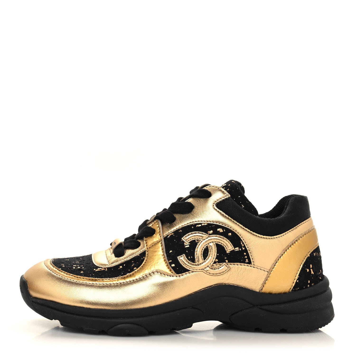 Chanel Satin Lambskin Fabric Tweed CC Sneakers 36 Gold Black 1 of 7
