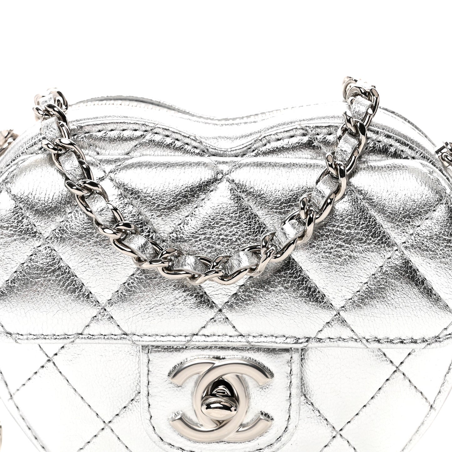 Metallic Lambskin Quilted CC In Love Heart Clutch With Chain Silver
