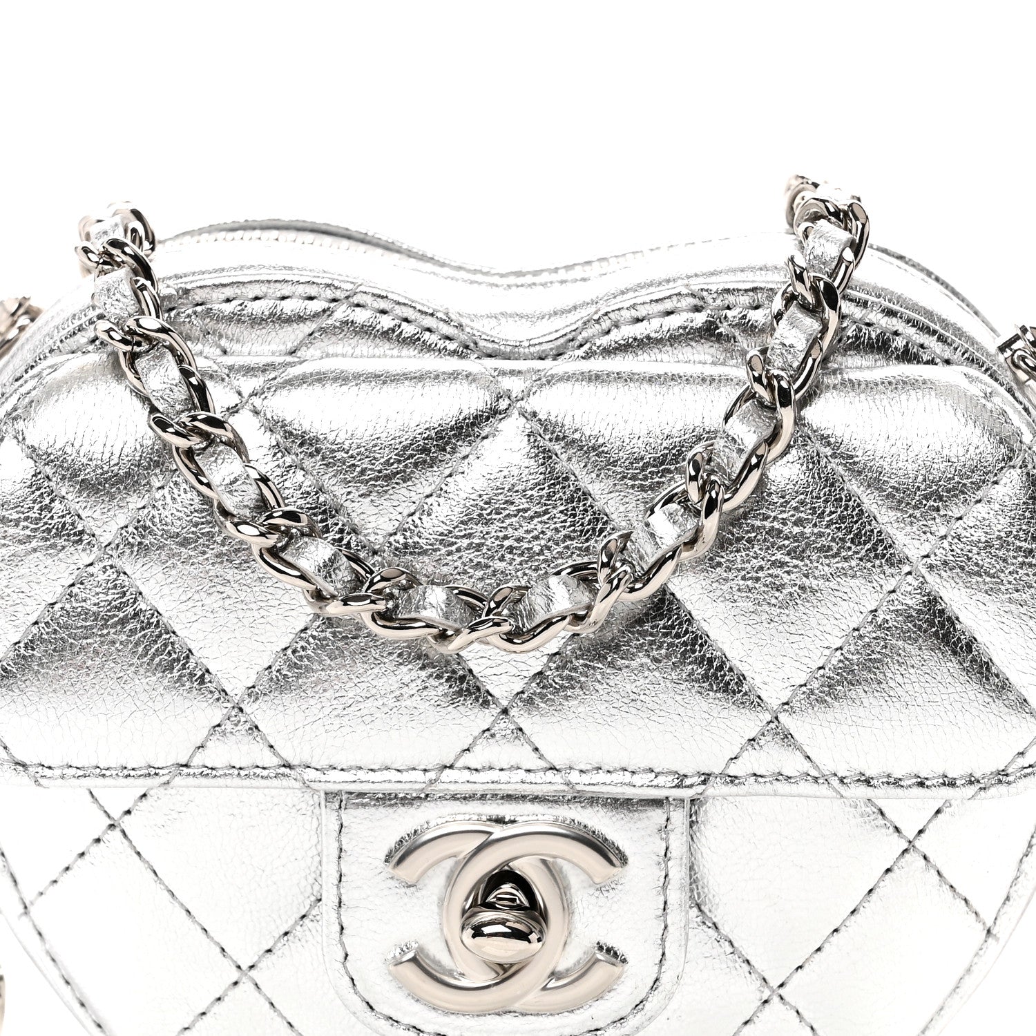 Chanel Metallic Lambskin Quilted CC In Love Heart Clutch With Chain Silver 7 of 10
