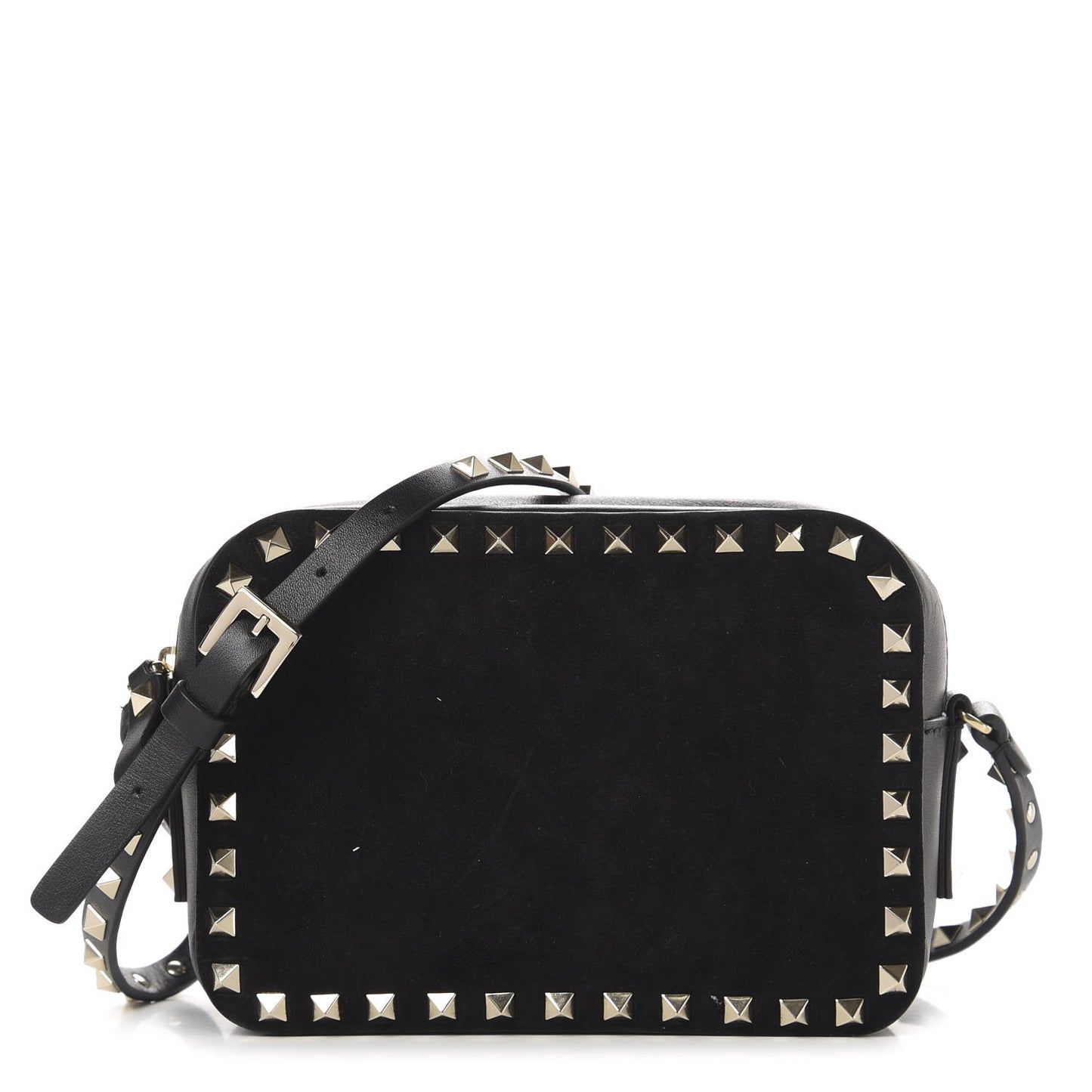 Calfskin Suede Rockstud Camera Crossbody Bag Black