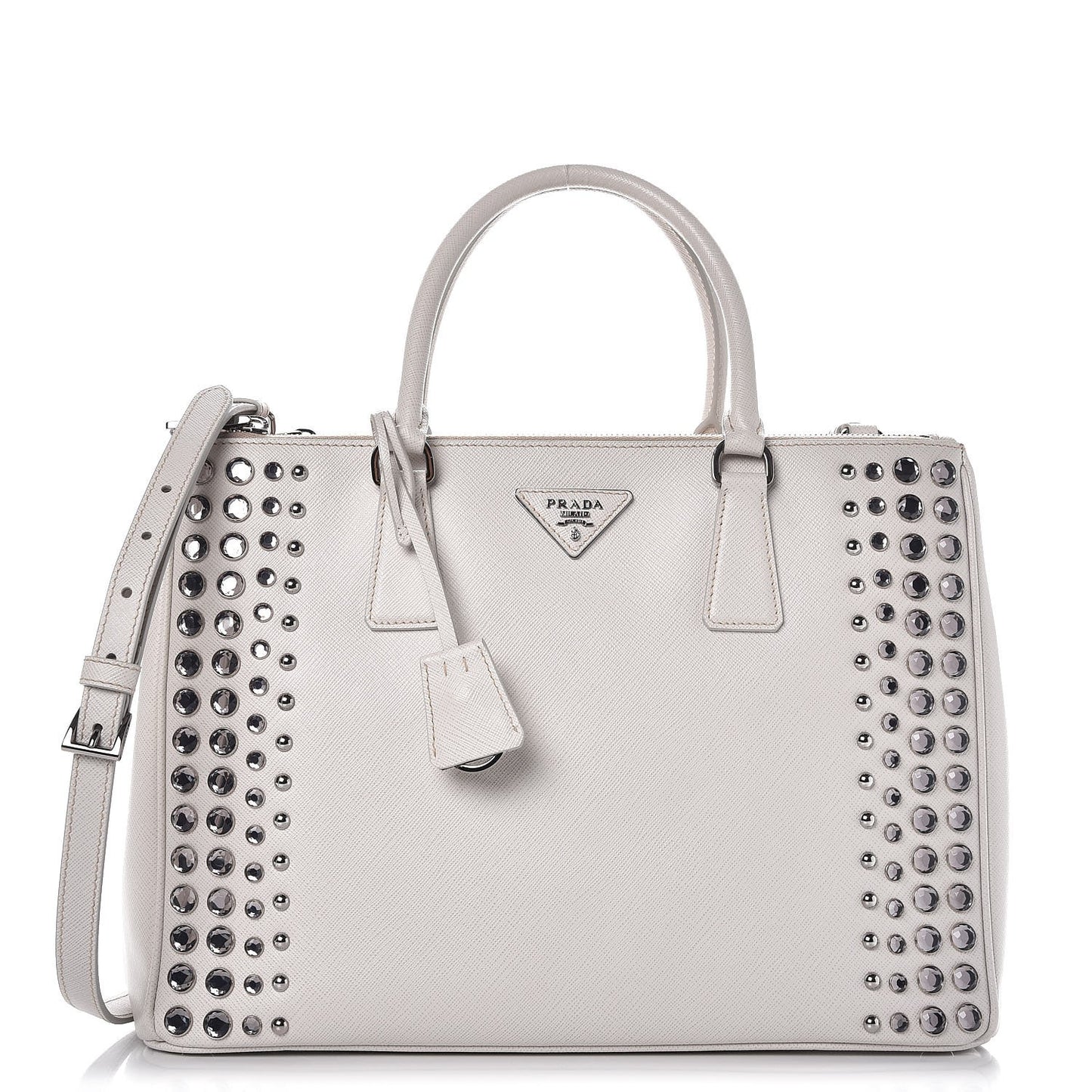 Saffiano Lux Studded Crystal Medium Galleria Double Zip Tote Talco