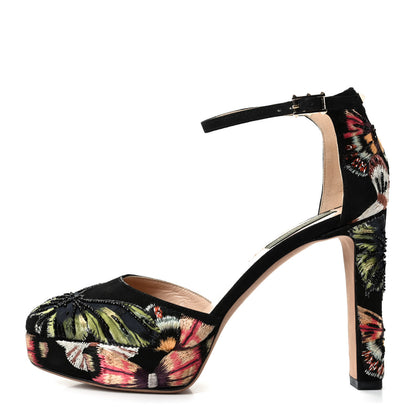 Valentino Garavani Suede Butterfly Embroidered d'Orsay Ankle Strap Platform Pumps 37.5 Black 1 of 10