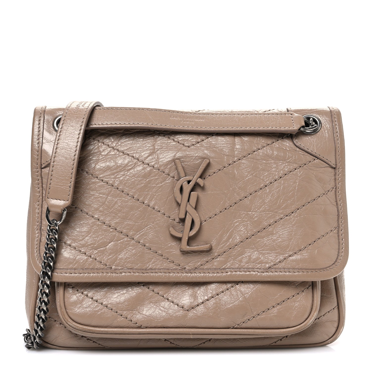 Saint Laurent Crinkled Calfskin Matelasse Monogram Baby Niki Chain Satchel Natural Tan 1 of 12