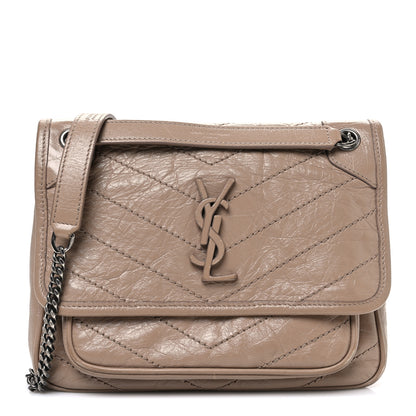 Saint Laurent Crinkled Calfskin Matelasse Monogram Baby Niki Chain Satchel Natural Tan 1 of 12