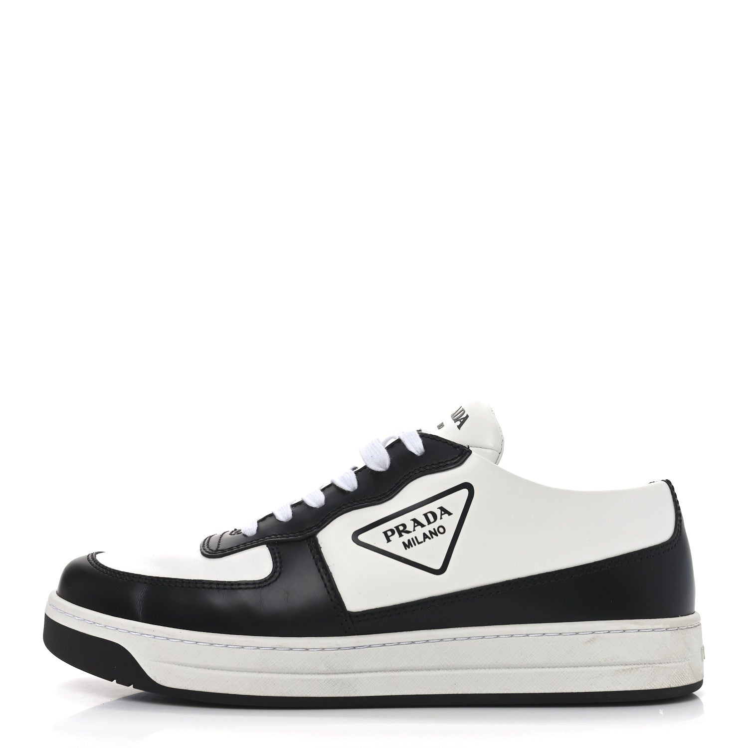 Prada Spazzolato Rois Vitello Soft Triangle Logo Womens Low Top Sneakers 38 White Black 1 of 8