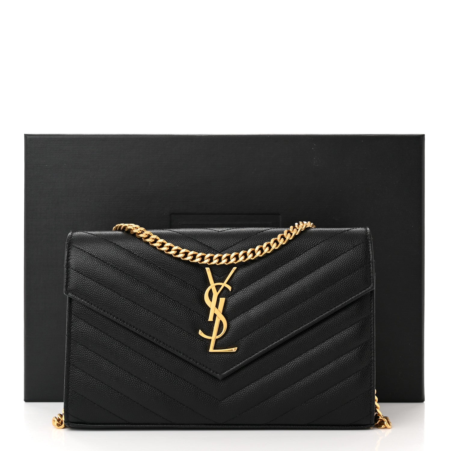 Saint Laurent Grain De Poudre Matelasse Chevron Monogram Chain Wallet Black 11 of 11