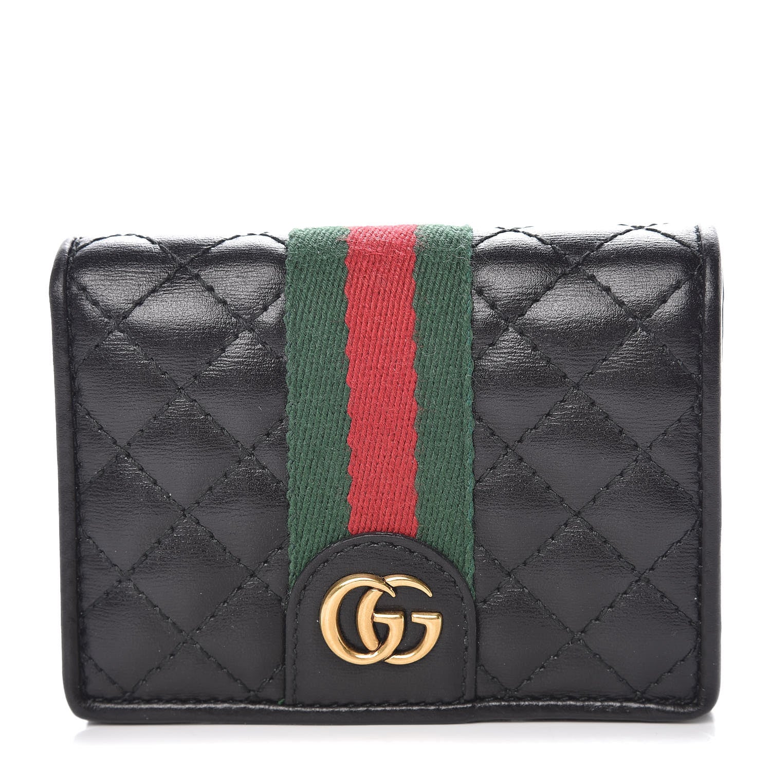 Gucci Calfskin Web Trapuntata GG Marmont Card Case Wallet Black 1 of 8