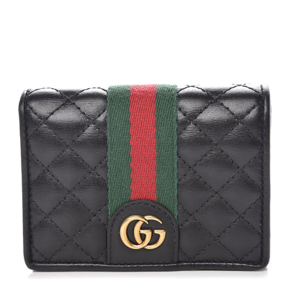 Gucci Calfskin Web Trapuntata GG Marmont Card Case Wallet Black 1 of 8