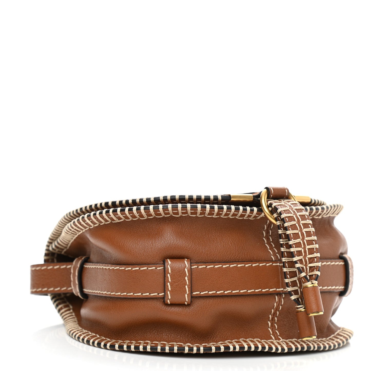 Suede Calfskin Stitched Small Marcie Round Crossbody Bag Tan