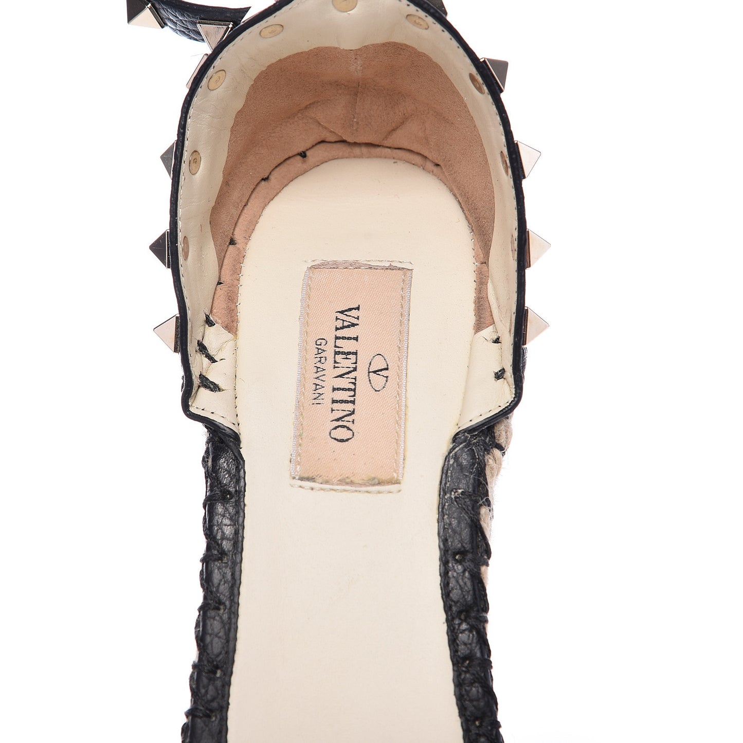 Grained Calfskin Rockstud Ankle Wrap Espadrille 15/85mm Wedges 38 Black Light Ivory