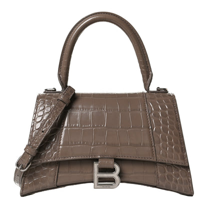 Balenciaga Shiny Calfskin Crocodile Embossed Small Hourglass Top Handle Bag Mink Grey 1 of 14