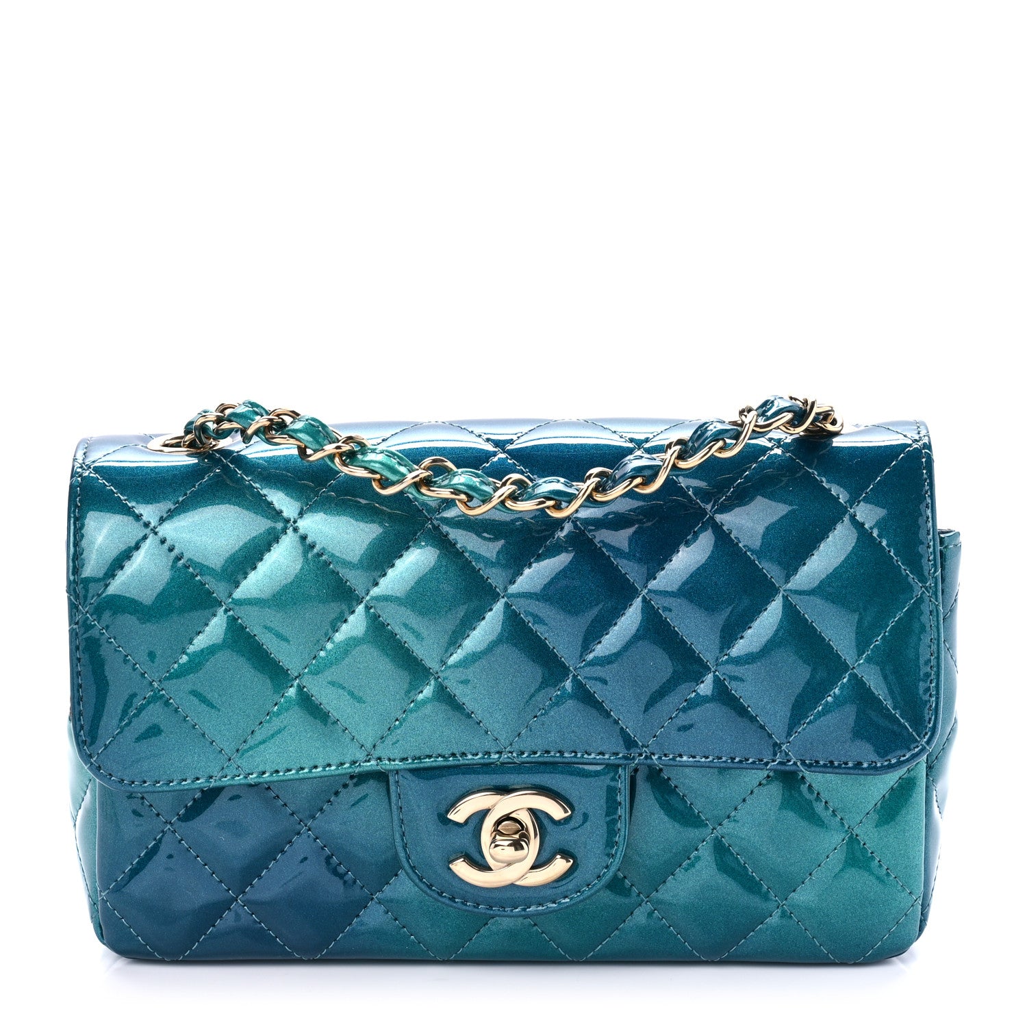 Chanel Shaded Patent Calfskin Quilted Mini Rectangular Flap Green Blue 1 of 9