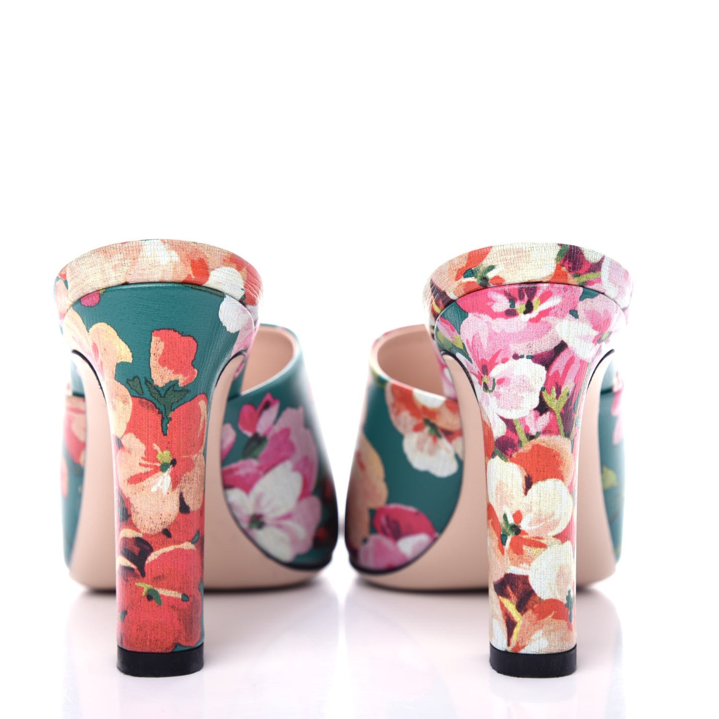 Calfskin Blooms Print High Heel Slide Sandals 37 Bright Emerald Multicolor