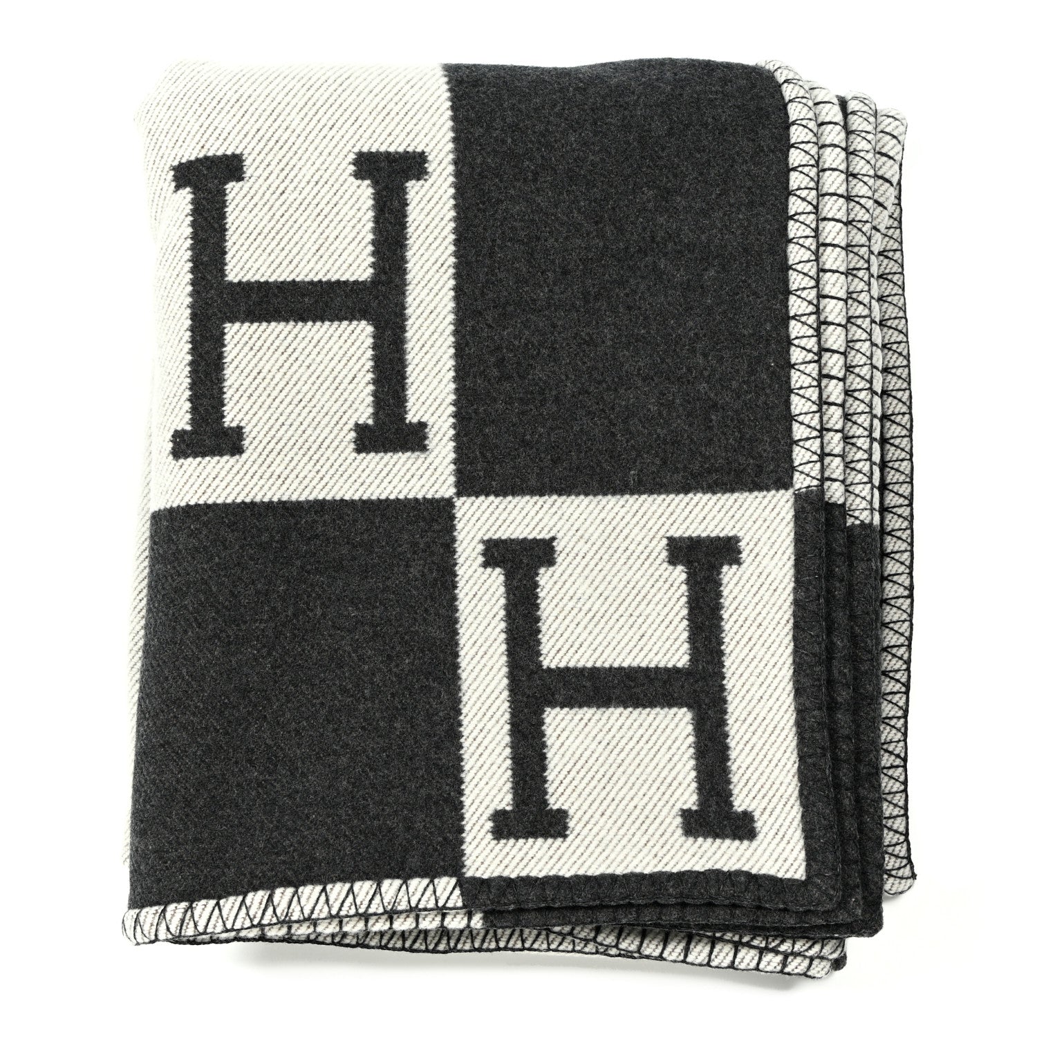 Hermes Wool Cashmere Avalon Signature Blanket Ecru Gris Fonce 1 of 3