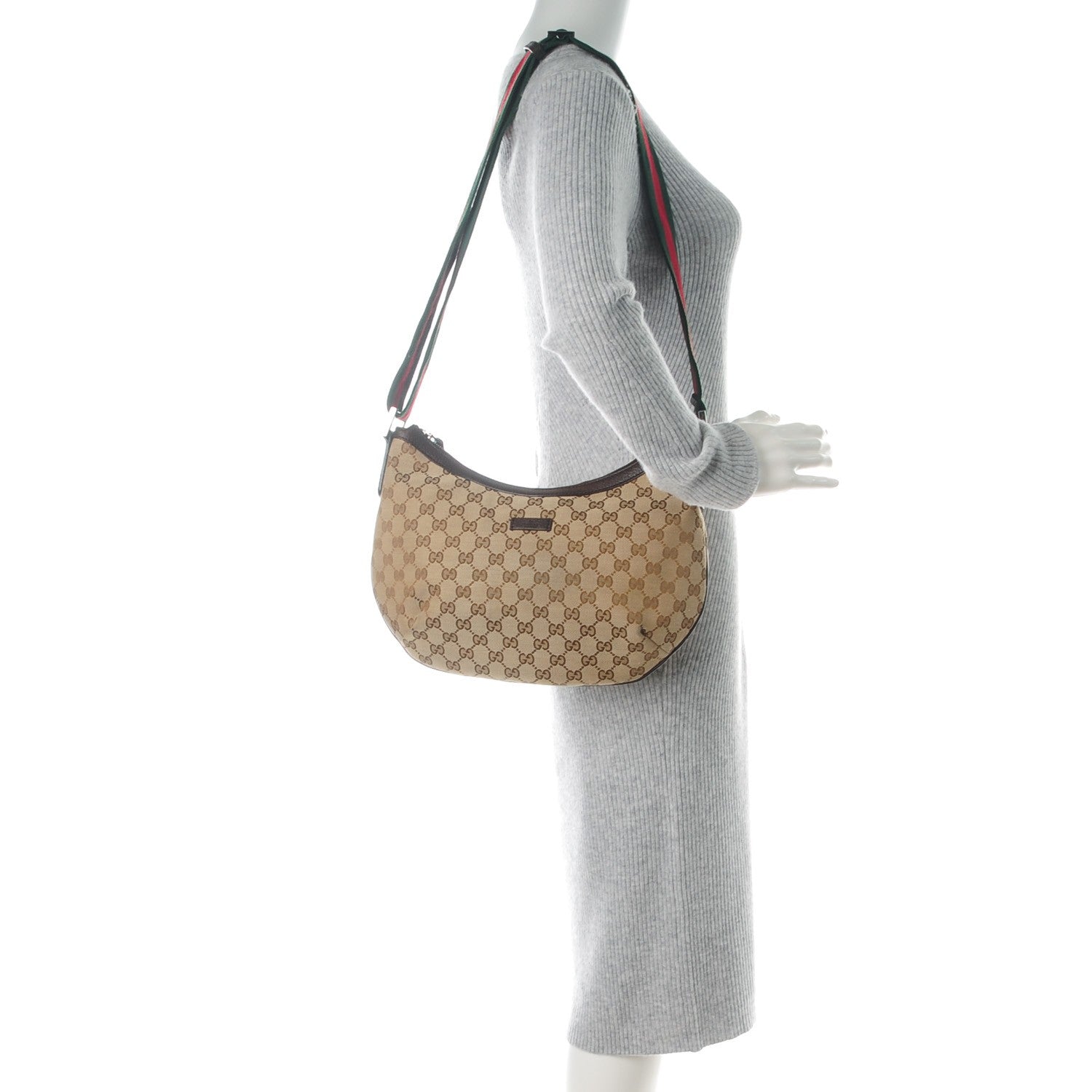 Gucci Monogram Web Medium Half Moon Hobo Dark Brown 2 of 7