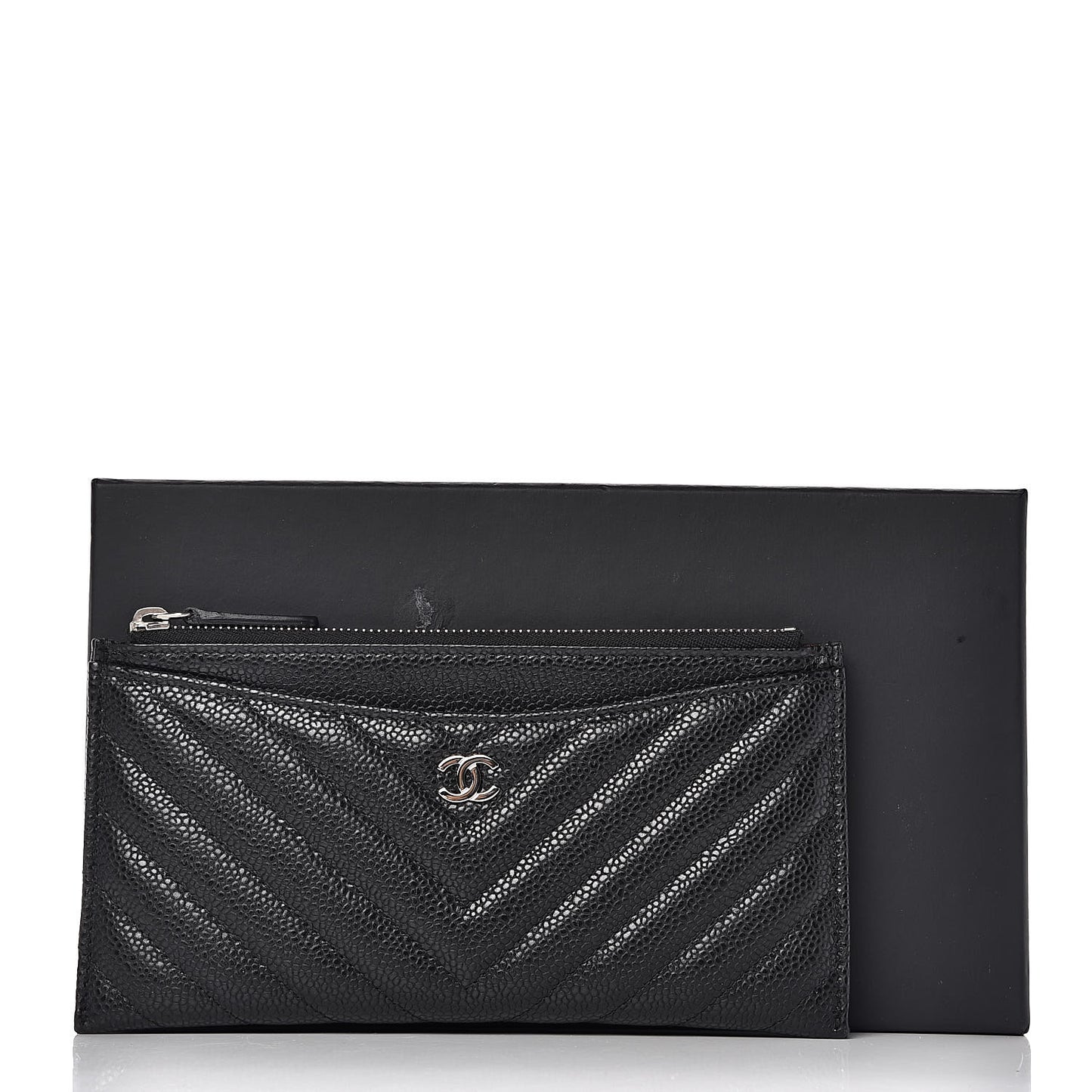 Caviar Chevron Quilted Zip Pouch Black